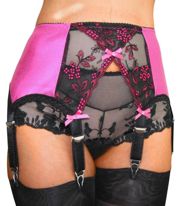 Suspender Belt Simone - Shiny  Pink with Sensuous Crossover Lace Front