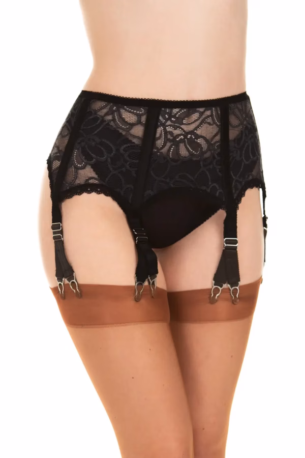 sophie hallette lace high waisted suspender belt with 6 suspender straps with Y clips 2 clips per strap