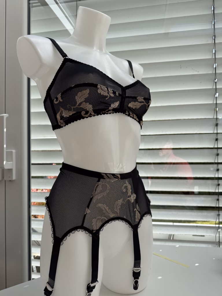 L’or Noir embroidered black mesh suspender belt on model Matilda with matching bralette