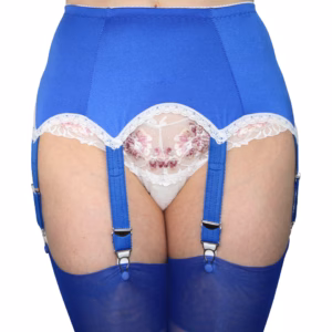 blueblue Superweicher weißer Strumpfgürtel mit 6 Trägern in Ocean Blue. Gr. S