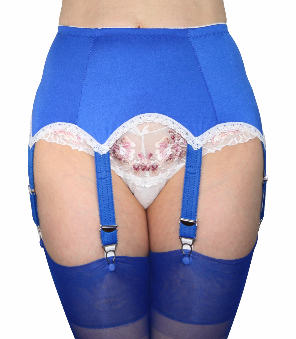 Superweicher weißer Strumpfgürtel mit 6 Trägern in Ocean Blue. Gr. S