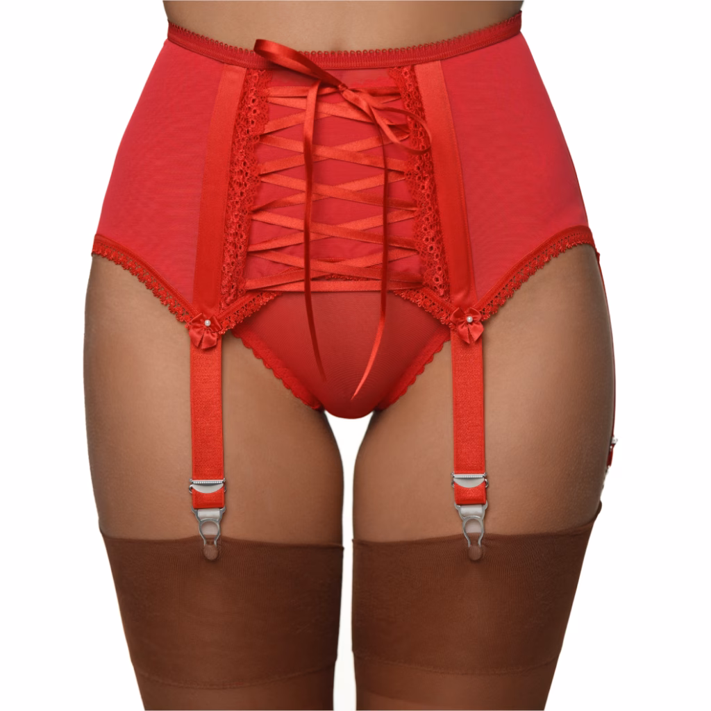 Anja Strapsgürtel, Edler italienischer Powermesh 6 Straps in schwarz, weiß oder rot mit Schnürung
